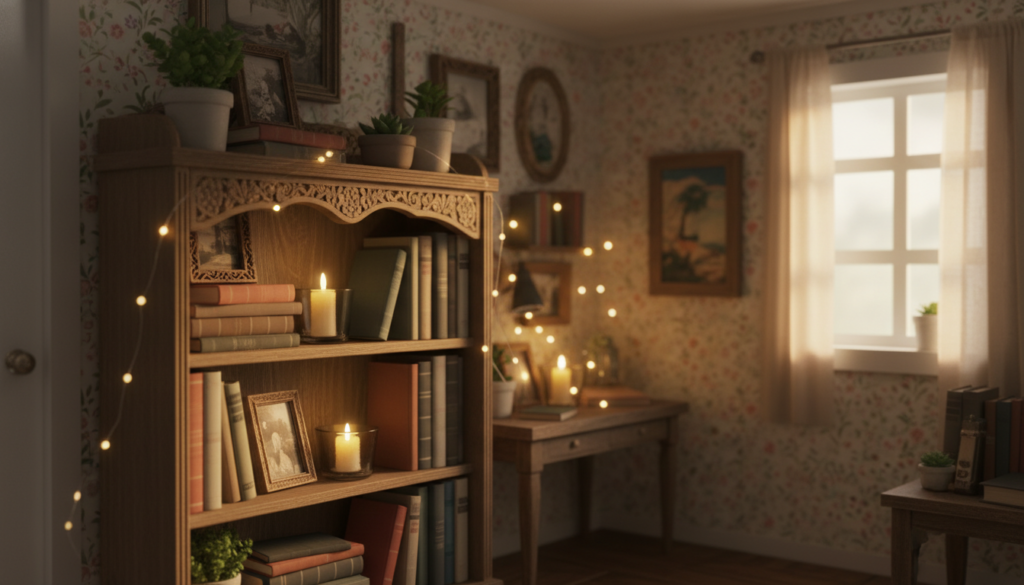 A cozy, aesthetic tiny space bookshelf decor arrangement, showcasing an array of colorful books, potted plants, and decorative objects. In the foreground, a small wooden bookshelf with intricate details features a mix of horizontal and vertical book placements, surrounded by vintage decorative items such as candles and picture frames. The middle ground highlights a soft, warm lighting ambiance, enhancing the inviting atmosphere. In the background, a subtle glimpse of a small room with patterned wallpaper and a window allowing natural light to filter in adds depth. The angle is slightly tilted, emphasizing the cozy feel of the scene, capturing an inspiring small space bookshelf idea that maximizes storage while maintaining an artistic, lived-in charm.
