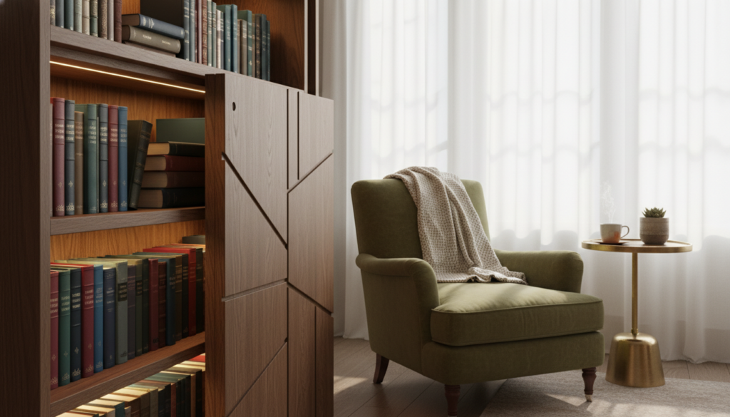 A cozy and clever hidden book storage setup within a small, stylish living room. In the foreground, a beautifully crafted wooden bookshelf opens up to reveal a series of neatly stacked books hidden behind a sliding panel, with some light spilling onto the spines, accentuating their colors. In the middle, a plush armchair sits next to a side table adorned with a steaming mug of tea and a small plant, creating a warm reading nook. The background features soft, diffused natural light filtering through sheer curtains, casting gentle shadows across the room. The overall atmosphere is inviting and intelligent, showcasing innovative use of space for book lovers seeking stylish storage solutions. The scene exudes a sense of discovery and charm, with an emphasis on practicality and aesthetics.