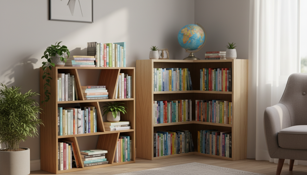 A cozy interior scene featuring two stylish corner bookshelves, blending seamlessly into a small living space. The foreground showcases a wooden bookshelf with unique geometric designs, filled with an eclectic mix of books and decorative plants, creating a vibrant yet organized aesthetic. In the middle, a second corner bookshelf made of light-colored wood stands diagonally, adorned with colorful book spines and a small globe, exuding a warm and inviting atmosphere. The background consists of soft, natural light filtering through a window, casting gentle shadows, and a hint of a comfortable armchair for relaxation. The overall mood is tranquil, encouraging a love for reading in a clever, space-saving design.