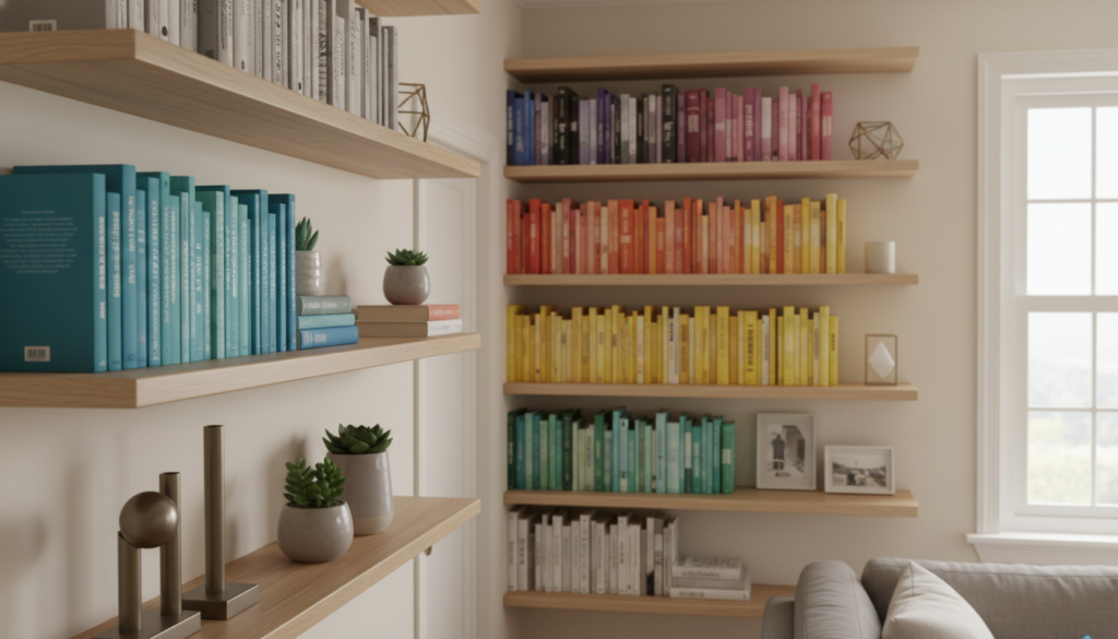 A cozy living room featuring an array of wall-mounted bookshelves, showcasing a variety of books and decorative items. The foreground highlights a sleek, modern bookshelf made from reclaimed wood, adorned with small potted plants and stylish bookends. In the middle, lighter wooden shelves blend with a neutral wall, displaying books organized by color and size, alongside minimalistic décor. In the background, soft, natural light pours in through a nearby window, casting gentle shadows and creating a warm atmosphere. The scene is captured from a slightly elevated angle, emphasizing the verticality of the shelves and the overall space-saving design. The mood is inviting and organized, perfect for a small living area.