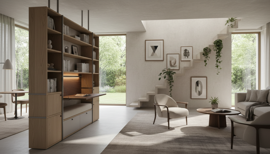A cozy, modern living room showcasing innovative multi-functional bookshelves. In the foreground, a sleek, tall bookshelf serves as a room divider, featuring integrated storage cabinets, a desk space, and a comfortable reading nook. The middle section displays a unique staircase bookshelf design that blends seamlessly into the wall, adorned with framed artwork and potted plants. The background highlights a soft, ambient-lit atmosphere through large windows with a view of a green outdoors, casting gentle shadows across the room. The furniture features neutral tones, adding warmth and balance. Capture this scene with a wide-angle lens to emphasize depth, maintaining a realistic feel that invites viewers into a stylish, compact space that maximizes functionality and comfort.