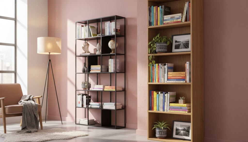 A cozy, modern living space featuring a variety of vertical bookshelf options designed for small spaces. In the foreground, showcase a sleek, minimalist wooden bookshelf filled with an assortment of colorful books, plants in decorative pots, and some framed photographs. The middle ground presents a taller, geometric metal shelf with unique shelving units, artistically arranged, complementing the wooden one. In the background, incorporate a softly painted wall with subtle texture and a stylish floor lamp, casting warm lighting that enhances the inviting atmosphere. The scene should evoke a sense of cleverness and creativity in utilizing vertical space, with natural light streaming in from a nearby window, creating a comfortable and inspiring reading nook.