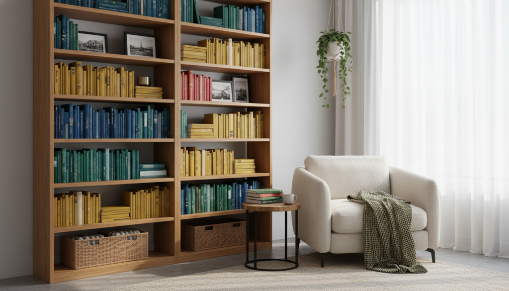 A cozy, modern living space featuring an innovative tiny space shelving unit that showcases a rich collection of books and decorative items. In the foreground, display a sleek, multi-tiered bookshelf in a warm wood finish, filled with a variety of colorful book spines and a few framed photos. The middle ground features a comfortable reading nook with a plush armchair and a small side table, accentuated by a soft blanket draped casually over the chair. In the background, soft, diffused natural light filters through a nearby window, casting gentle shadows and creating a welcoming atmosphere. The overall mood is warm and inviting, emphasizing smart storage solutions in compact living while maintaining an air of creative elegance.