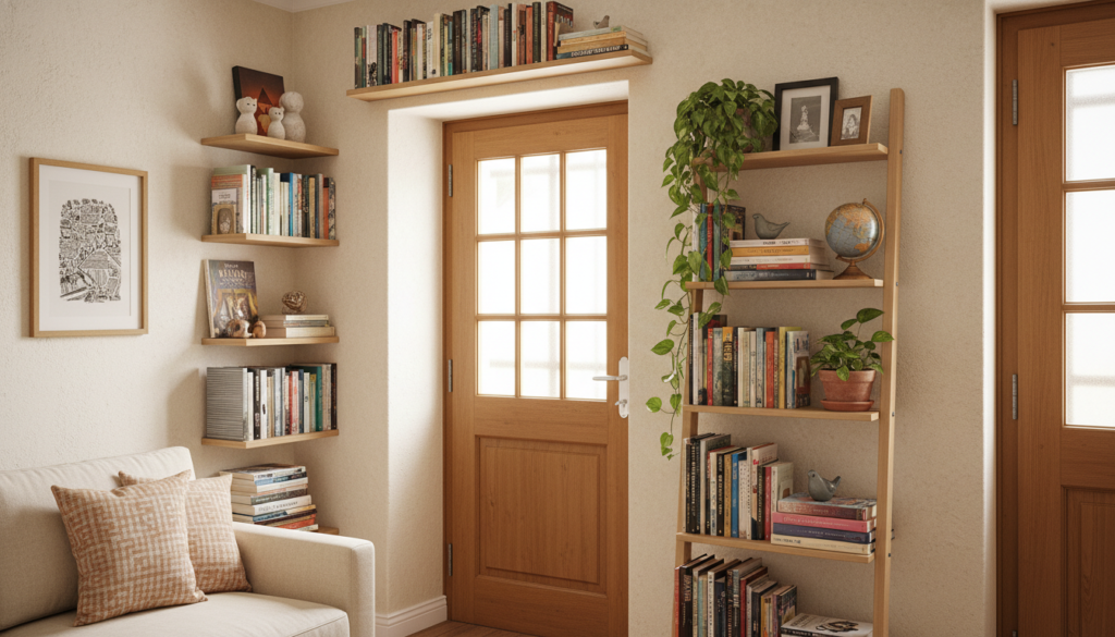 A cozy, small living space featuring innovative bookshelf ideas nestled in under-utilized areas, such as above door frames and in tight corners. The foreground shows a ladder-style bookshelf filled with colorful books, plants, and decorative items, creating a warm, inviting atmosphere. The middle showcases a built-in shelf with a mix of vertical and horizontal arrangement, blending harmoniously into a stylish wall. In the background, natural light filters through a small window, casting a soft glow on the wood tones and textures of the furniture. The overall mood is cheerful and creative, highlighting clever use of space while maintaining a realistic, lived-in feel. The image is well-composed, taken from a slightly elevated angle to provide depth and perspective, showcasing the unique ideas for maximizing storage in small areas.