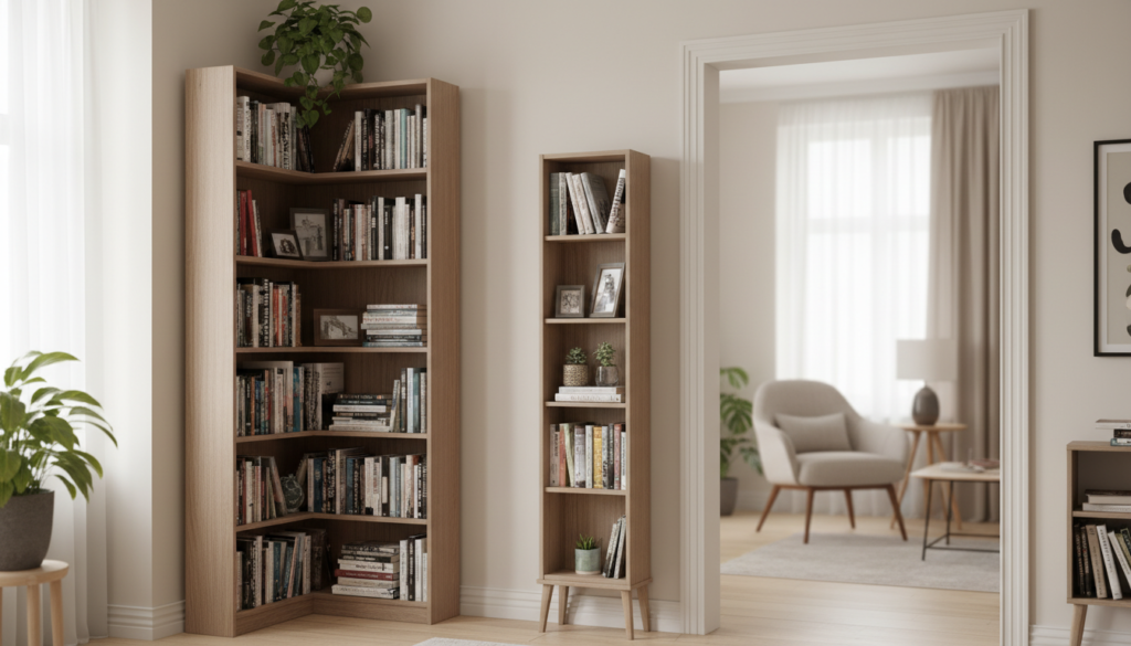A cozy, well-lit living room featuring an array of vertical storage solutions designed specifically for small spaces. In the foreground, showcase a corner bookshelf reaching the ceiling, filled with an eclectic mix of books and decorative items such as potted plants and framed photos. The middle section should include a slim, tall bookcase with elegant lines and a soft wood finish, positioned against a light-colored wall. In the background, subtle hints of a stylishly decorated room can be seen, including a comfortable armchair and a small side table, creating a warm and inviting atmosphere. Diffused natural light filters through a nearby window, casting gentle shadows and highlighting the textures of the furniture, ensuring a realistic, lived-in feel.