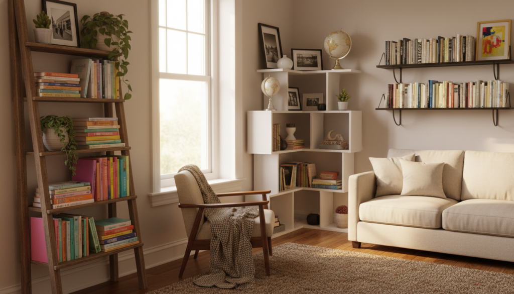 A cozy, well-lit small living area featuring a variety of DIY bookshelf designs. In the foreground, a rustic wooden ladder bookshelf filled with colorful books and small potted plants, showcasing creative organization. The middle ground features a sleek, modular shelving unit that fits snugly in a corner, adorned with framed pictures and decorative items that add personality. In the background, a minimalist wall-mounted shelf is lined with neatly arranged books and vibrant artwork, hinting at an artistic ambiance. Soft, natural lighting filters through a nearby window, creating a warm and inviting atmosphere. The overall mood conveys an inspiring sense of creativity and clever use of limited space, perfect for maximizing storage while adding character to a small area.