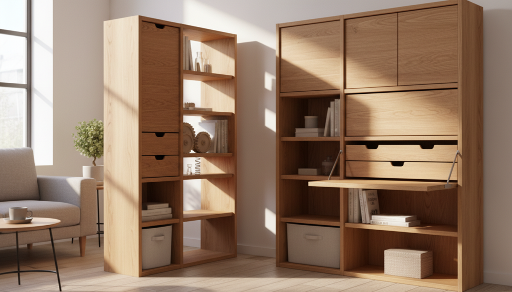 A modern compact bookshelf design showcasing hidden and convertible storage solutions. In the foreground, a stylish, multi-functional bookshelf is displayed, featuring an array of concealed compartments and adjustable shelves, crafted from warm, natural wood. The middle section highlights the innovative mechanisms for transforming and expanding the storage space, expertly designed to fit snugly into a small living area. The background includes a cozy, minimalist room with soft, ambient lighting filtering through a window, casting gentle shadows that enhance the textures of the bookshelf. The atmosphere is inviting and functional, emphasizing smart storage ideas for small spaces, with a focus on practicality and aesthetic harmony in a compact living environment.
