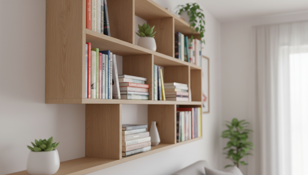 A modern, stylish wall-mounted bookshelf installed in a cozy living room, utilizing vertical space to maximize the area. The shelves are crafted from light oak wood, showcasing a mix of books, decorative plants, and minimalist decor. In the foreground, a small potted succulent adds a pop of greenery. The middle layer features the uniquely arranged shelves, with an assortment of colorful books displayed both horizontally and vertically. In the background, a soft, diffused light illuminates the room, casting gentle shadows and creating a warm, inviting atmosphere. Ideal camera angle captures the entire bookshelf from a slight low perspective, emphasizing its height and the clever use of space. The overall mood is bright and airy, perfect for inspiring small space living solutions.