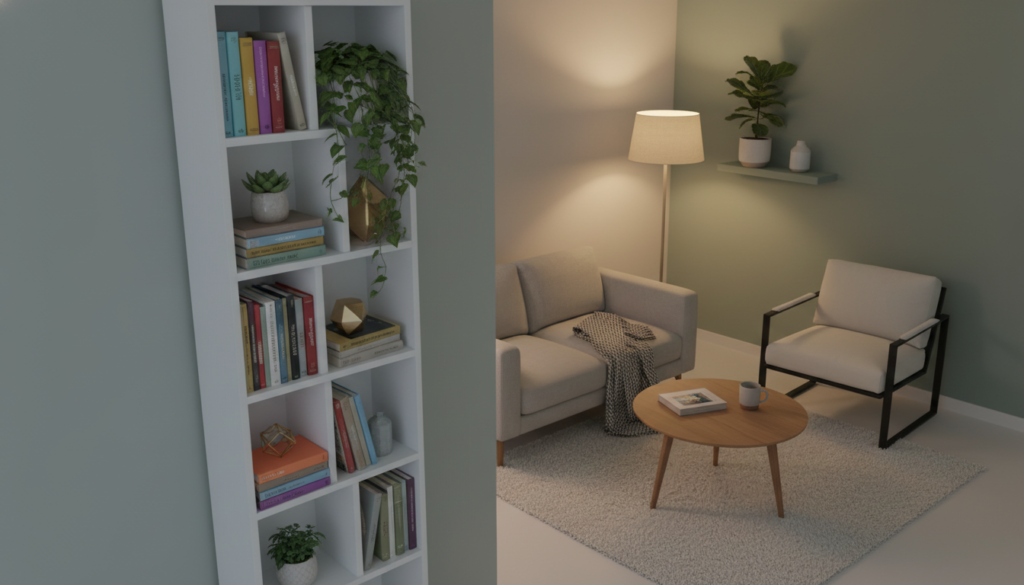 A modern vertical wall-mounted bookshelf design in a cozy, minimalist living space. The foreground features a sleek, white wooden bookshelf with multiple shelves, showcasing an array of colorful books, plants, and small decorative items. In the middle ground, the bookshelf is surrounded by a tastefully decorated room with warm, ambient lighting creating a relaxed atmosphere. The background shows a soft-painted wall, a small potted plant, and a minimalist armchair to evoke a sense of space-saving creativity. The image is captured from a slightly elevated angle to emphasize the height of the bookshelf and the room's openness, while soft shadows add depth and realism to the scene. The overall mood is inviting and functional, ideal for small spaces.