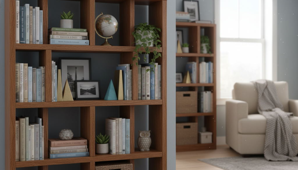 A stylish compact bookshelf designed for tiny apartments, featuring a combination of vertical and horizontal shelving. The foreground showcases a sturdy wooden structure with a warm oak finish, displaying a curated selection of books and a few decorative plants. In the middle ground, two shelves house neatly organized stacks of books, with colorful bookends and small, aesthetically pleasing items like a globe and framed photos. The background includes a softly lit room with a cozy reading nook, a plush armchair, and a window allowing natural light to illuminate the scene. The overall atmosphere is inviting and functional, reflecting an innovative space-saving solution. The composition should capture realistic textures and lighting, emphasizing the practicality of compact furniture without appearing overly polished.