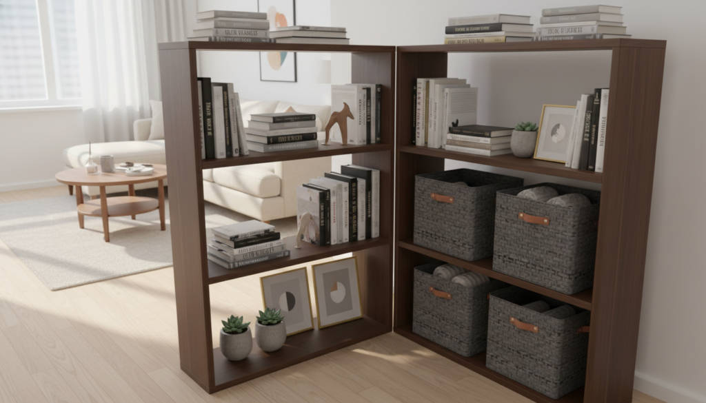 A stylish multipurpose bookshelf designed for small spaces, showcasing sleek wooden shelves arranged in a staggered pattern. The foreground features a close-up of decorative items, such as potted plants and framed art, nestled between books. The middle ground presents the bookshelf itself, featuring two compact sections: one displaying various books, the other holding stylish storage baskets. The background includes a cozy apartment setting with a minimalist aesthetic, soft natural light streaming in through a large window, creating warm highlights. The perspective is from a slightly elevated angle to capture the depth of the shelves, evoking a sense of functionality and elegance. The atmosphere is inviting, perfect for small living scenarios, emphasizing practicality without compromising on style.