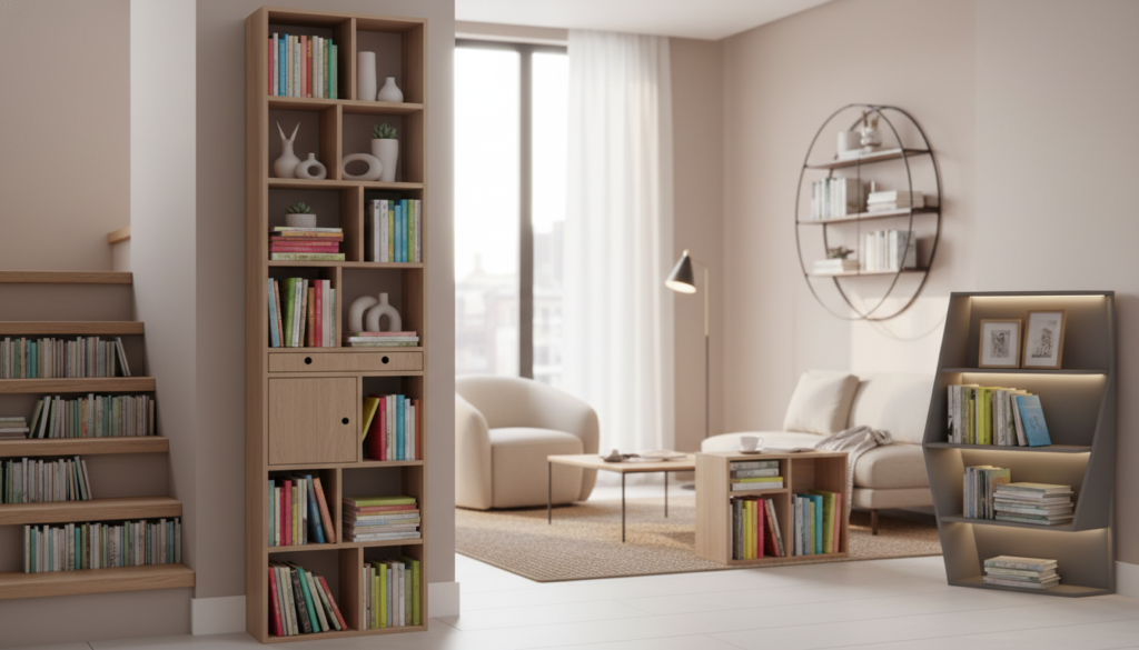 A variety of space-saving bookshelves designed for small spaces, featuring innovative and multifunctional designs such as built-in bookshelves under staircases, corner units, and wall-mounted shelves. The foreground includes a stylish, slim bookshelf filled with colorful books, plants, and decorative items, showcasing practicality and creativity. In the middle ground, a cozy reading nook integrates a compact armchair next to another shelf, emphasizing comfort in a small area. The background reveals a modern living room setting with warm, inviting lighting and neutral colors, promoting an atmosphere of tranquility and efficiency. Use a slightly warm daylight setting from a large window, with a shallow depth of field to draw focus on the bookshelves. The overall mood should be inspiring, suggesting that smart design can enhance small living spaces.