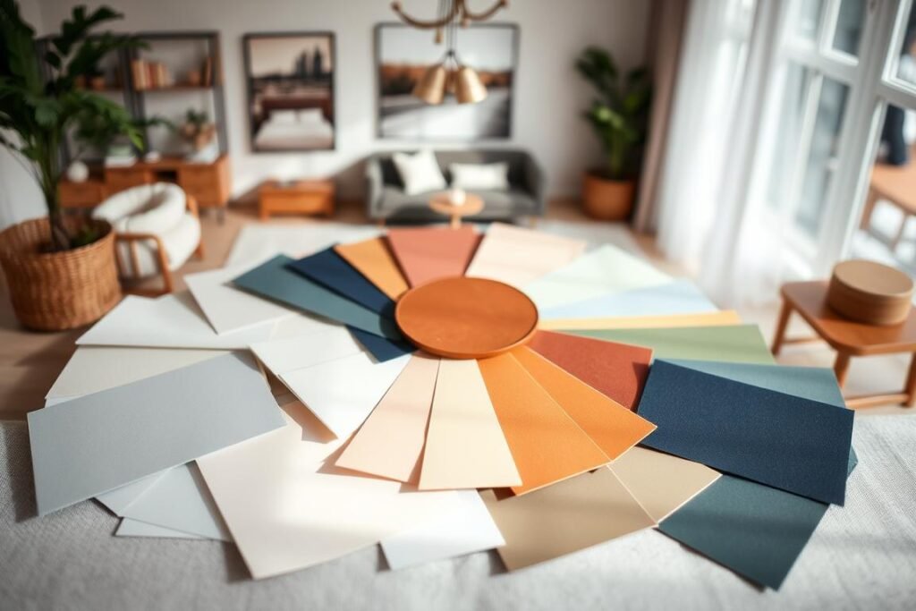 A beautifully arranged flat lay showcasing various color palettes ideal for small living rooms. In the foreground, display several swatches of soft hues like light gray, pale blue, creamy beige, and muted greens, inviting a calm and cozy atmosphere. In the middle ground, include accent colors like rich navy and warm terracotta, neatly organized in a circular formation. In the background, subtly blurred images of stylishly designed small living rooms featuring furniture and decor that harmonize with the color palettes. Soft natural lighting creates a warm, inviting feel, while a shallow depth of field ensures focus on the swatches. The overall mood should be serene and inspiring, highlighting the potential for color to visually expand small spaces.