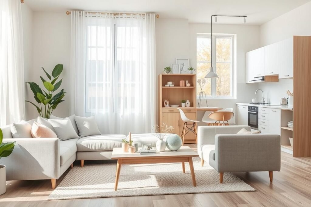 A beautifully decorated small apartment interior showcasing light colors to create an airy atmosphere. In the foreground, a cozy seating area features a light grey sofa adorned with pastel-colored cushions, placed on a soft area rug. In the middle, a minimalist coffee table holds delicate decorative items, while a light wooden bookshelf displays green plants and artful decor. Natural light floods in through large, sheer white curtains, illuminating the space. The background presents a well-organized kitchen area with light cabinetry and open shelving, enhancing the spacious feel. The atmosphere is serene and refreshing, with a soft glow that conveys comfort and tranquility. Use a soft focus lens effect to enhance the inviting mood, showcasing details in the decor while maintaining a clean and open composition.