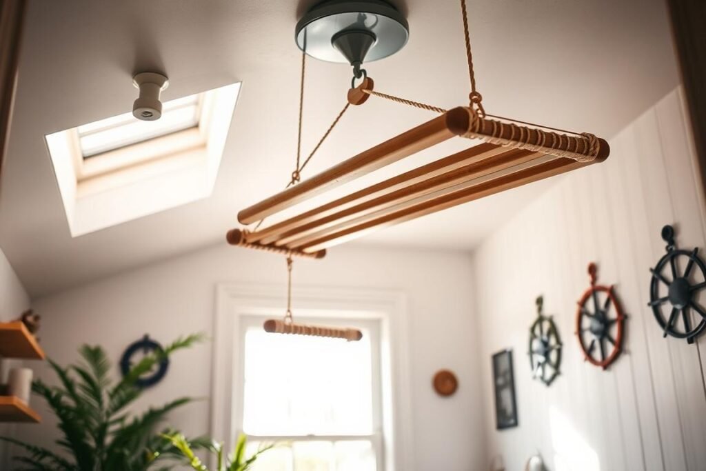 A beautifully designed ceiling-mounted pulley system for drying clothes in a cozy, small space. In the foreground, showcase a wooden drying rack suspended from the ceiling with ropes and pulleys, elegantly allowing the rack to be raised and lowered. The middle of the image features light-colored walls adorned with nautical-themed decorations, emphasizing the thoughtful use of vertical space. Soft, natural lighting streams in from a nearby window, creating a warm and inviting atmosphere. The background includes plants that add a touch of greenery, enhancing the room's homely feel. The scene is shot from a slightly tilted angle to capture both the ceiling fixtures and the drying rack in focus, highlighting the clever design of the pulley system.