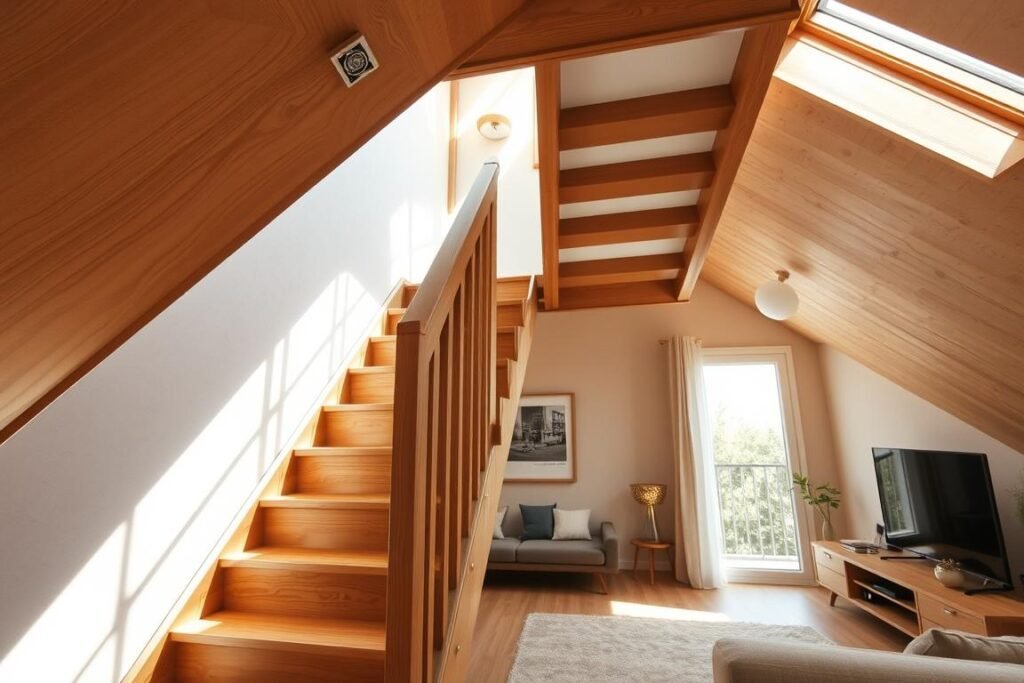A beautifully designed, concealed attic staircase solution that seamlessly blends with a cozy, modern living space. In the foreground, focus on an elegantly crafted wooden staircase that retracts into the ceiling, showcasing intricate woodwork and a hidden latch mechanism. The middle layer displays a stylish living area with minimalist furniture, featuring natural light pouring in from a skylight above, illuminating the staircase. In the background, soft, warm colors with textured walls enhance the inviting atmosphere. Use a wide-angle lens perspective to capture all elements harmoniously, evoking a sense of innovation and space-saving genius, while creating a serene and functional ambiance in the small living area.