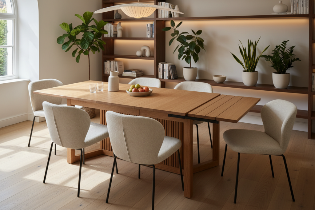 A beautifully designed expandable dining table set in a modern, cozy dining room. The table, made of polished wood, features sleek lines and a seamless extension mechanism, showing one end extended with elegant slats. Surrounding the table, there are stylish, minimalist chairs with plush upholstery. The foreground highlights the rich texture of the table’s surface, while the middle showcases the room's warm, inviting atmosphere through soft ambient lighting. Natural light filters in through a nearby window, casting gentle shadows. In the background, shelves display tasteful decor and indoor plants, enhancing the homey feel. The overall mood is one of harmony and functionality, ideal for small spaces.