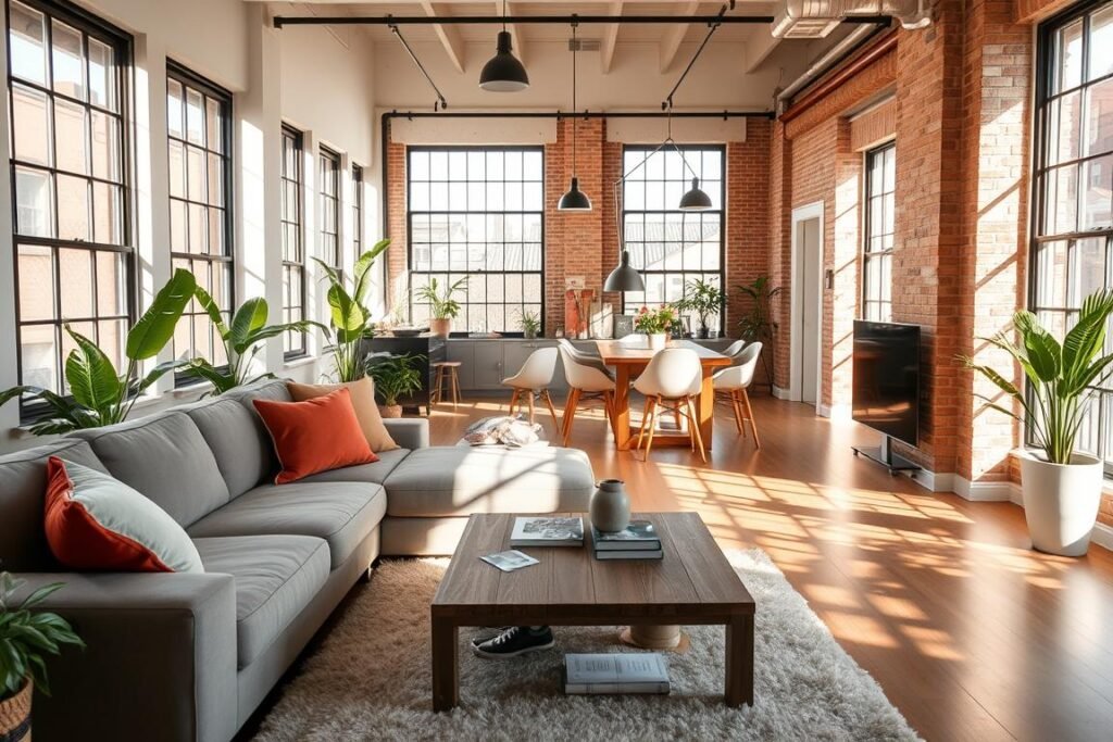 A beautifully designed loft living room that maximizes natural light, featuring large, industrial-style windows allowing sunlight to flood the space. In the foreground, a cozy, neutral-toned sofa with vibrant throw pillows invites relaxation. A wooden coffee table with a few scattered magazines is positioned in front of the sofa. In the middle ground, an open-plan layout reveals a dining area with a rustic wooden table and stylish chairs. On the walls, light colors or exposed brick complement the industrial aesthetic. In the background, plants are strategically placed to soften the space, and sunlight casts soft shadows across the floor, creating a warm and inviting atmosphere. The scene is captured from a slightly elevated angle to showcase the depth of the room.