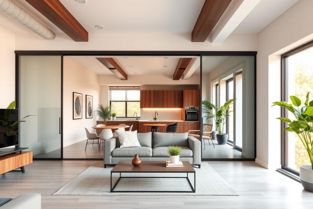 A beautifully designed modern loft interior featuring elegant sliding doors and versatile room dividers. In the foreground, showcase minimalist furnishings such as a sleek sofa and a stylish coffee table, arranged to emphasize space optimization. The middle ground highlights the sliding doors, crafted from glass and steel, seamlessly separating the living area from a compact workspace, allowing for flexible room usage. In the background, large windows bathe the space in natural light, illuminating exposed beams and warm wood accents, creating an inviting atmosphere. The color palette should consist of soft, neutral tones with pops of greenery, suggesting a tranquil yet modern ambiance. Use a wide-angle lens for an expansive view, capturing the harmony between aesthetics and practicality in this contemporary loft design.