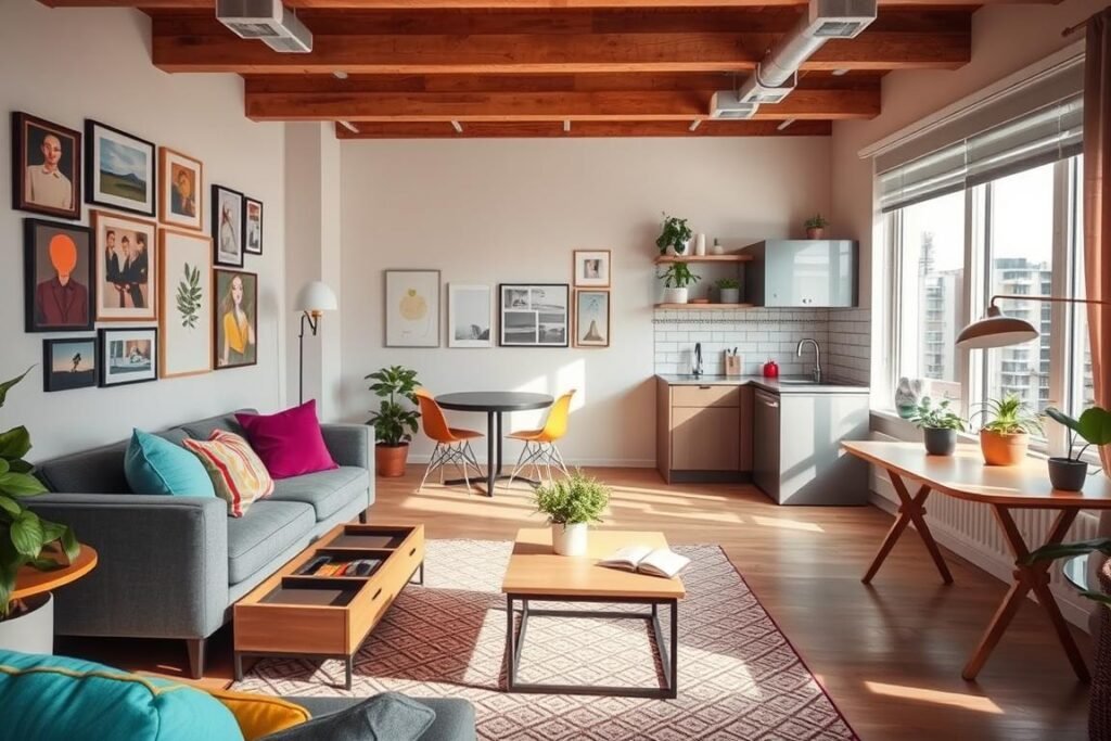 A beautifully designed small apartment interior showcasing multiple space-saving decorating ideas. In the foreground, a cozy living area with a stylish, compact sofa adorned with colorful cushions and a multifunctional coffee table with hidden storage. The middle ground features a small dining nook with a foldable table and trendy chairs, set against a gallery wall filled with framed artwork and plants that add life. The background reveals a compact kitchen featuring open shelves, modern appliances, and vibrant accents. Soft natural lighting filters through large windows, enhancing the warm, inviting atmosphere. Use a wide-angle lens to capture the entire scene, emphasizing the clever use of space and thoughtful design elements. The mood is uplifting and inspirational, perfect for sparking creativity in small space living.