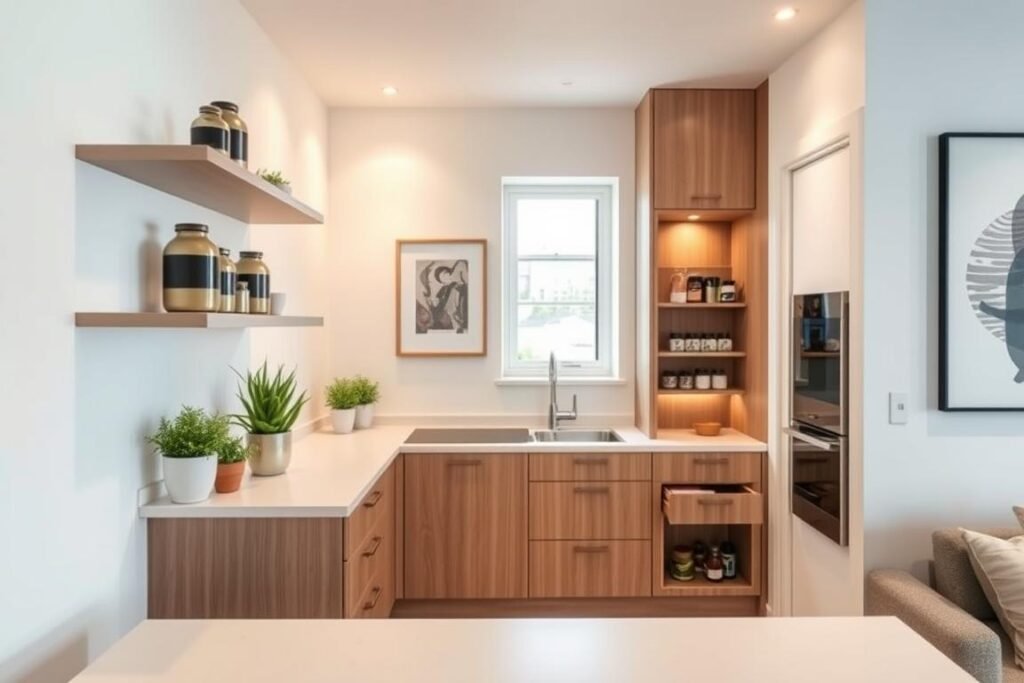 A beautifully designed small apartment kitchen featuring innovative corner solutions for space-saving storage. In the foreground, sleek, modern shelves are installed in an L-shaped configuration, showcasing decorative jars and plants. The middle ground highlights a sophisticated corner cabinet with pull-out drawers and integrated spice racks, crafted from warm, light wood. The background captures a cozy ambiance, with soft, ambient lighting illuminating the space, reflecting off white walls and accented with contemporary artwork. A small window allows natural light to filter in, enhancing the inviting atmosphere. The scene is shot from a slightly elevated angle, giving an overview that emphasizes the clever design elements while maintaining a realistic and practical aesthetic. A beautifully designed small apartment kitchen featuring innovative corner solutions for space-saving storage. In the foreground, sleek, modern shelves are installed in an L-shaped configuration, showcasing decorative jars and plants. The middle ground highlights a sophisticated corner cabinet with pull-out drawers and integrated spice racks, crafted from warm, light wood. The background captures a cozy ambiance, with soft, ambient lighting illuminating the space, reflecting off white walls and accented with contemporary artwork. A small window allows natural light to filter in, enhancing the inviting atmosphere. The scene is shot from a slightly elevated angle, giving an overview that emphasizes the clever design elements while maintaining a realistic and practical aesthetic.