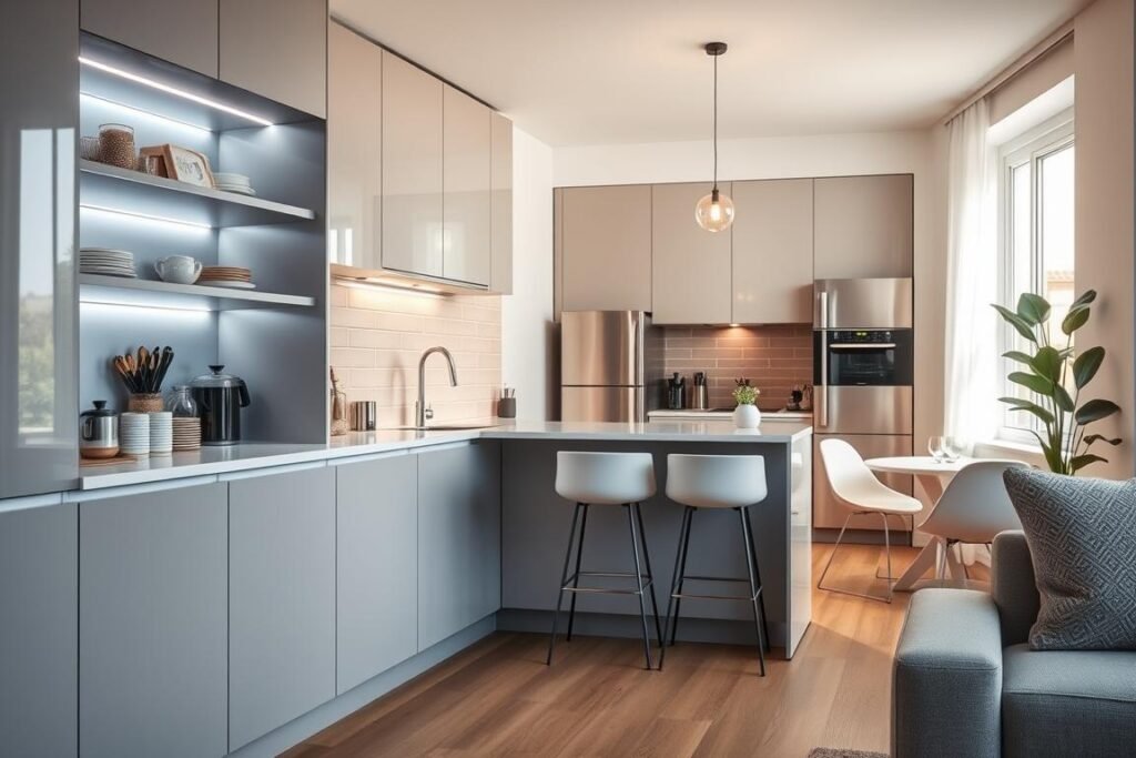 A beautifully designed small apartment kitchen showcasing innovative space-saving solutions. In the foreground, sleek cabinetry with a glossy finish, displaying elegant open shelving under soft LED lighting. The middle ground features a compact, modern kitchen island with bar stools, maximizing the use of vertical space. A stylish backsplash incorporates muted colors, harmonizing with stainless steel appliances that reflect a contemporary aesthetic. In the background, a cozy dining nook with a small table surrounded by minimalist chairs, lit by a hanging pendant light. The overall atmosphere is bright and inviting, with natural light streaming through a nearby window, enhancing the sense of space and comfort. Camera angle is slightly elevated, capturing the layout from a corner perspective for a comprehensive view of this efficient kitchen design.