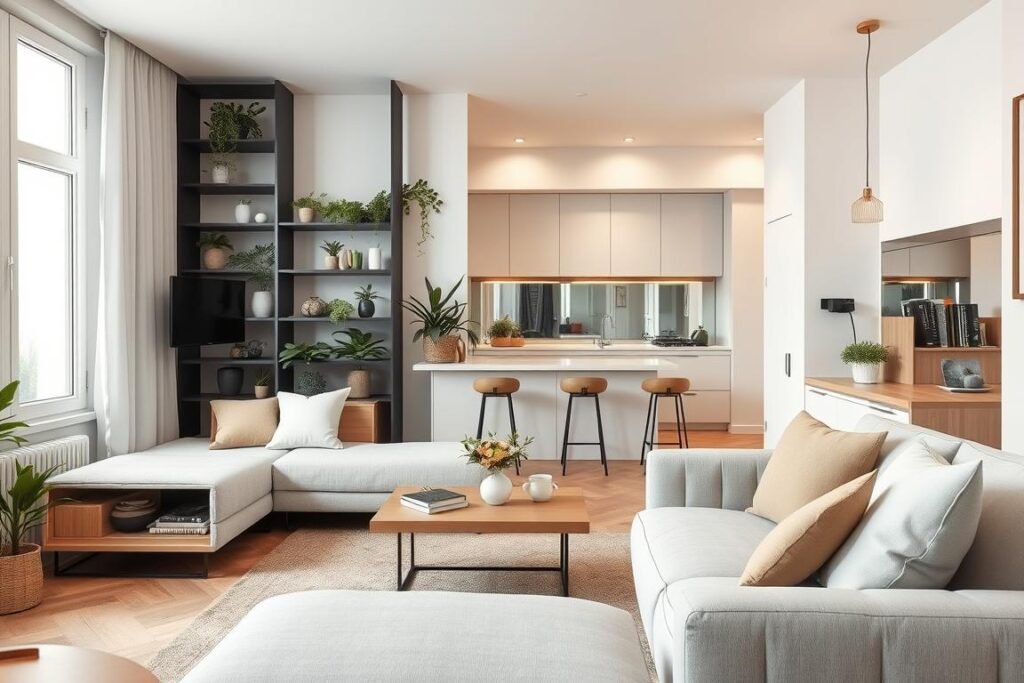A beautifully designed small apartment, showcasing clever space-saving ideas. In the foreground, a cleverly arranged living area features a minimalist sofa that transforms into a bed, layered with soft cushions. In the middle, a multipurpose coffee table with hidden storage complements a floating bookshelf filled with plants, adding vertical height. The background includes a light, airy kitchen with open shelving and mirrored backsplash, creating an illusion of depth. Soft, warm lighting highlights the cozy atmosphere, while large windows fill the space with natural light. The scene presents an inviting blend of modern decor and functionality, with a color palette of light neutrals and pastel accents, evoking a serene and spacious vibe in a compact environment.