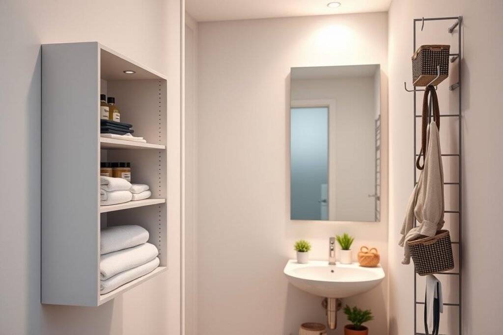 A beautifully designed small bathroom showcasing innovative space-saving solutions. In the foreground, a modern wall-mounted cabinet features open shelves, neatly displaying neatly folded towels and stylish toiletries. The middle ground highlights a sleek, vertical storage unit utilizing every inch of wall space, adorned with hooks for hangers and decorative baskets. A clever mirror cabinet reflects light, enhancing the sense of space. In the background, soft ambient lighting creates a warm, inviting atmosphere. The walls are painted in soothing pastel colors, complemented by natural elements like small potted plants for a touch of greenery. The overall mood is organized and functional, underscored by a stylish aesthetic, embodying the essence of maximizing vertical space in a tiny bathroom.