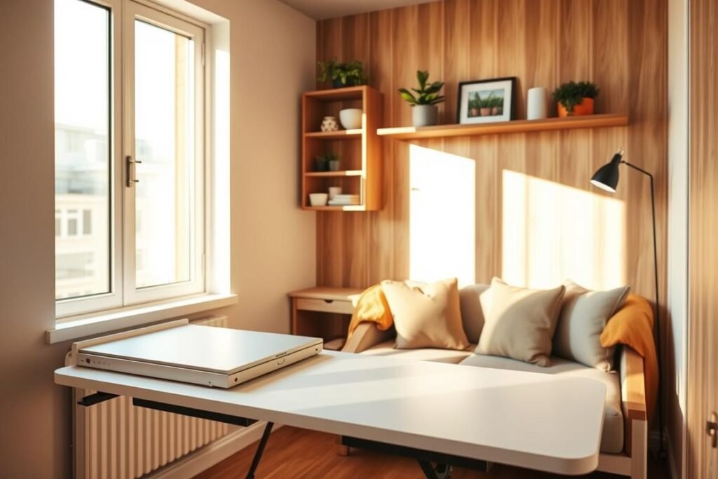A beautifully designed small living room featuring innovative wall-mounted furniture ideal for maximizing space. In the foreground, showcase a sleek, fold-down desk with minimalist design, perfect for working or studying. In the middle, include stylish wall shelves filled with plants and decorative items, enhancing the cozy atmosphere. The background features a compact wall-mounted sofa adorned with plush cushions, creating a comfortable lounging area. The room is bathed in warm, natural light flooding through a window, casting soft shadows that add depth. The overall mood is inviting and modern, evoking a sense of ingenuity and practicality in small apartment living. Shot with a wide-angle lens to capture the full effect of the space-saving design.