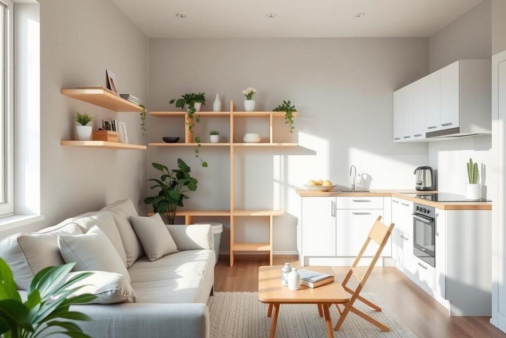 A beautifully designed small studio apartment showcasing a well-thought-out color palette for maximizing space. In the foreground, include a compact living area featuring a light-colored sofa, soft gray walls, and multi-functional furniture like an efficient foldable table. In the middle ground, highlight light wooden shelves adorned with green plants and minimalist decor, emphasizing the airy feel of the space. The background should feature a small kitchen area with white cabinetry and a light backsplash, creating a cohesive look. Use bright, natural lighting to enhance the spacious atmosphere, with a slight lens focus on the living area to draw attention to the color choices. The mood is serene and inviting, showcasing the beauty of light colors in small spaces.