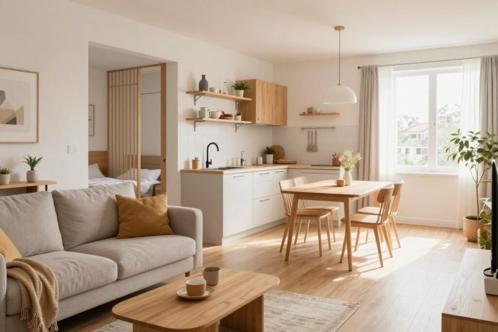A beautifully designed studio apartment interior showcasing smart layout strategies for maximizing space. In the foreground, a cozy living area features a compact sofa and a multi-functional coffee table. The middle section includes a cleverly arranged kitchen with an island that doubles as a dining area, and wall-mounted shelves for efficient storage. The background captures a small yet stylish sleeping nook, separated by a decorative screen. Natural light floods the space through large windows, highlighting warm wooden accents and soft pastel colors. The overall mood is inviting and functional, emphasizing contemporary design with realistic imperfections to convey a lived-in feel. The image should have a slightly elevated angle for a clear perspective of the layout’s flow.