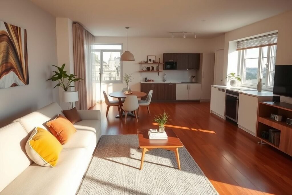 A beautifully designed studio apartment that exemplifies the concept of creating distinct zones without walls. In the foreground, a cozy living area featuring a plush, neutral-colored sofa adorned with vibrant throw pillows. A stylish coffee table rests on a textured rug that defines the space. The middle layer showcases a compact dining area with a minimalist wooden table surrounded by elegant chairs, set against a backdrop of soft, ambient lighting. The kitchen area is sleek and modern, with open shelving displaying decorative items and potted plants. In the background, sunlight filters through large windows, illuminating the warm wooden floors and creating a bright, inviting atmosphere. The overall mood is one of comfort and practicality, blending style with functionality in a well-organized layout.