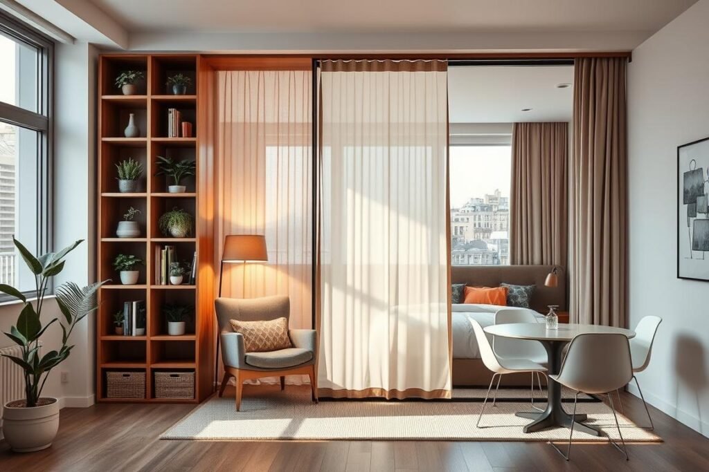 A beautifully designed studio room showcasing innovative room dividers that create distinct living spaces. In the foreground, a stylish wooden bookshelf serves as a divider, filled with plants and decorative items, contrasting with a cozy reading nook featuring a plush armchair and floor lamp. The middle layer features a translucent fabric divider that softly separates the sleeping area, which boasts a neatly made bed adorned with colorful cushions. In the background, large windows allow natural light to flood the room, highlighting a small dining table with sleek modern chairs. The atmosphere is warm and inviting, with a soft, neutral color palette and subtle textures that enhance the cozy yet functional vibe of a maximized studio apartment. The lighting is bright and uplifting, emphasizing the design elements without creating harsh shadows.