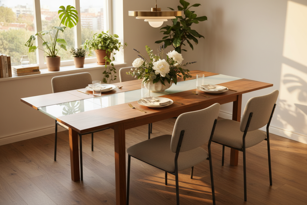 A beautifully designed stylish dining table as the focal point, showcasing innovative space-saving features. In the foreground, a sleek, extendable table made of warm wood and glass, surrounded by elegant, minimalist chairs. The middle ground features decorative elements like a tasteful centerpiece of fresh flowers and elegant tableware that enhance the atmosphere without overcrowding. In the background, a cozy, well-lit dining area with soft, ambient lighting that emphasizes the table's design. A large window allows natural light to filter in, bathed in a warm golden hue, and potted plants add a touch of greenery. Captured at a slightly elevated angle to highlight the table’s versatility, the image conveys a harmonious blend of functionality and style suitable for small homes.