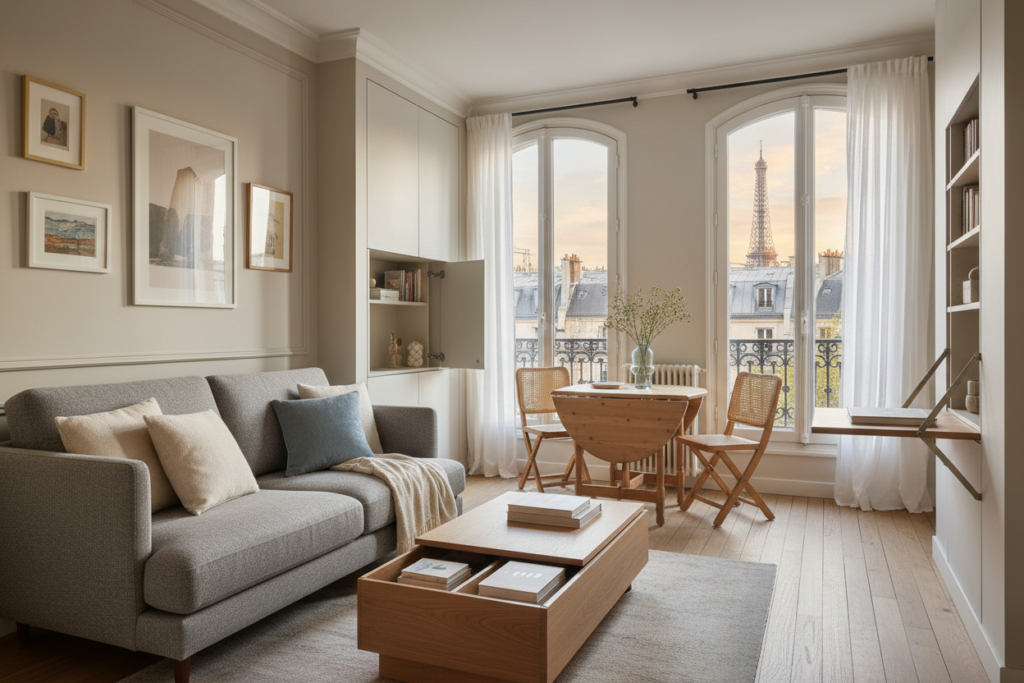 A beautifully designed tiny Parisian apartment showcasing multi-functional furniture. In the foreground, an elegant sofa that converts into a bed, paired with a stylish coffee table that doubles as a storage unit. The middle ground features a compact dining area with a foldable table and chic chairs that can be tucked away. Background elements include large windows with sheer curtains letting in soft, warm natural light, revealing a view of classic Parisian rooftops and a hint of the Eiffel Tower. The overall atmosphere is cozy and inviting, embodying a blend of modern and traditional French design, with neutral tones accented by pops of color. The scene should feel both practical and aspirational, highlighting smart space-saving solutions in a chic urban setting.