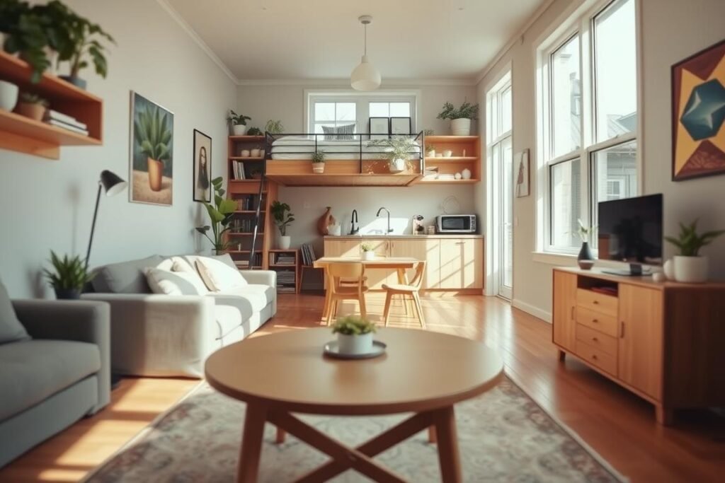 A beautifully designed tiny studio apartment showcasing clever space maximization. In the foreground, a multifunctional furniture piece like a coffee table that transforms into a dining table. In the middle, a cozy sleeping nook with a lofted bed maximizing vertical space, surrounded by shelves filled with plants and books. The background features a small kitchenette with open shelving and minimalist appliances, bathed in warm, natural sunlight. Large windows allow plenty of light to filter in, creating an inviting atmosphere. Soft, neutral color palette with pops of greenery enhances the spacious feeling. The angle is slightly elevated, providing a comprehensive view of the thoughtfully arranged space, emphasizing both functionality and style, evoking a serene and spacious haven within a small footprint.