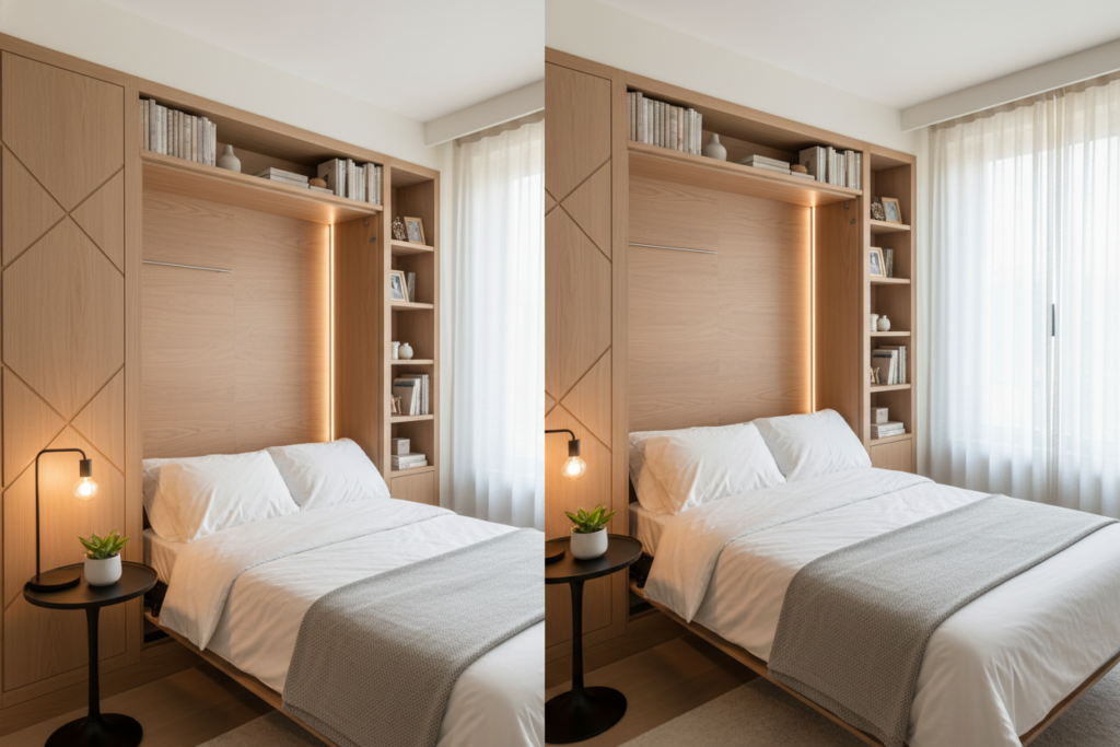A beautifully designed wall-mounted Murphy bed in a small, cozy living space. The bed is elegantly folded up against a light-colored wall, showcasing attractive wood paneling and minimalist decor. In the foreground, include a sleek side table with a small potted plant and a stylish lamp, adding warmth to the scene. The middle ground captures the bed's open position, with crisp white bedding and plush pillows, emphasizing comfort. The background features soft ambient lighting that enhances the inviting atmosphere of the room, with shelves adorned with books and decorative items. Use a wide-angle lens effect to emphasize the depth of the space, creating a realistic yet aesthetically pleasing composition. Aim for a serene and modern vibe, showcasing functionality and style.