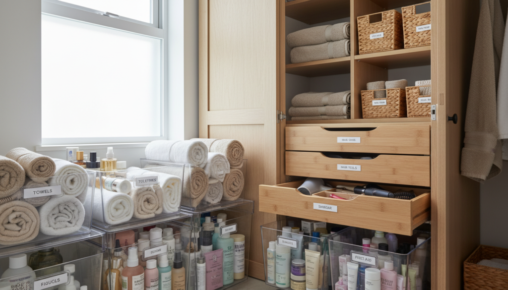 A beautifully organized bathroom closet filled with drawer dividers and containers. In the foreground, showcase neatly arranged clear storage bins holding toiletries, rolled towels, and cleaning supplies, each labeled for easy access. The middle section reveals customized drawer dividers made of bamboo, separating items like hair tools, skincare products, and first aid kits. The background features a wooden closet door partially open, revealing more neatly stacked towels and baskets. Soft, natural lighting filters through a small window, creating a warm and inviting atmosphere. The image is captured with a slight angle to give depth and dimension, highlighting the practicality and aesthetics of bathroom organization. Overall, convey a fresh, clean, and functional vibe, without any human presence or distractions.