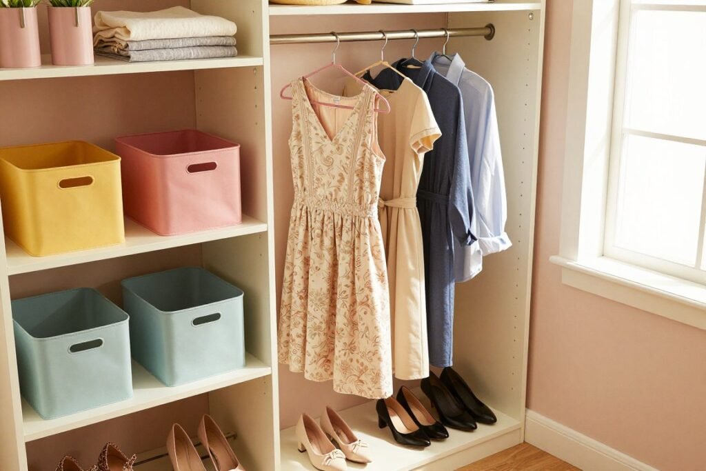 A beautifully organized closet in a small bedroom, showcasing clever storage solutions. In the foreground, neatly arranged shelves hold colorful bins and folded clothes, while a shoe rack displays an array of stylish footwear. In the middle, a compact hanging rod holds several perfectly organized dresses and shirts, utilizing vertical space efficiently. In the background, soft pastel walls and natural light streaming through a window create a calm atmosphere. Use warm, inviting lighting that highlights the textures of fabric and wood. The angle should be slightly above eye level, providing a clear view of the well-organized interior. Ensure a realistic appearance, emphasizing a tidy and compact design suitable for space-saving, small bedroom environments.