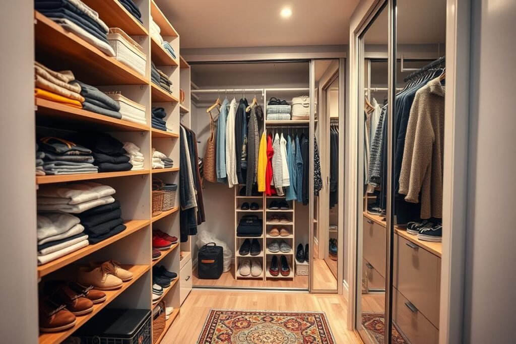 A beautifully organized closet in a very small apartment space, featuring clever storage solutions. In the foreground, neatly arranged shelves hold folded clothes, baskets, and a shoe rack displaying colorful footwear. The middle showcases a compact wardrobe with sliding doors, smartly utilizing vertical space with hanging organizers for accessories and a pull-down rod for easy access to clothing. The background features a wall-mounted mirror reflecting the organized setup, enhancing the sense of space. Soft, warm lighting creates an inviting atmosphere, while a wide-angle perspective captures the full functionality of the closet design. The overall mood is practical yet stylish, showcasing innovative ideas for maximizing small spaces.