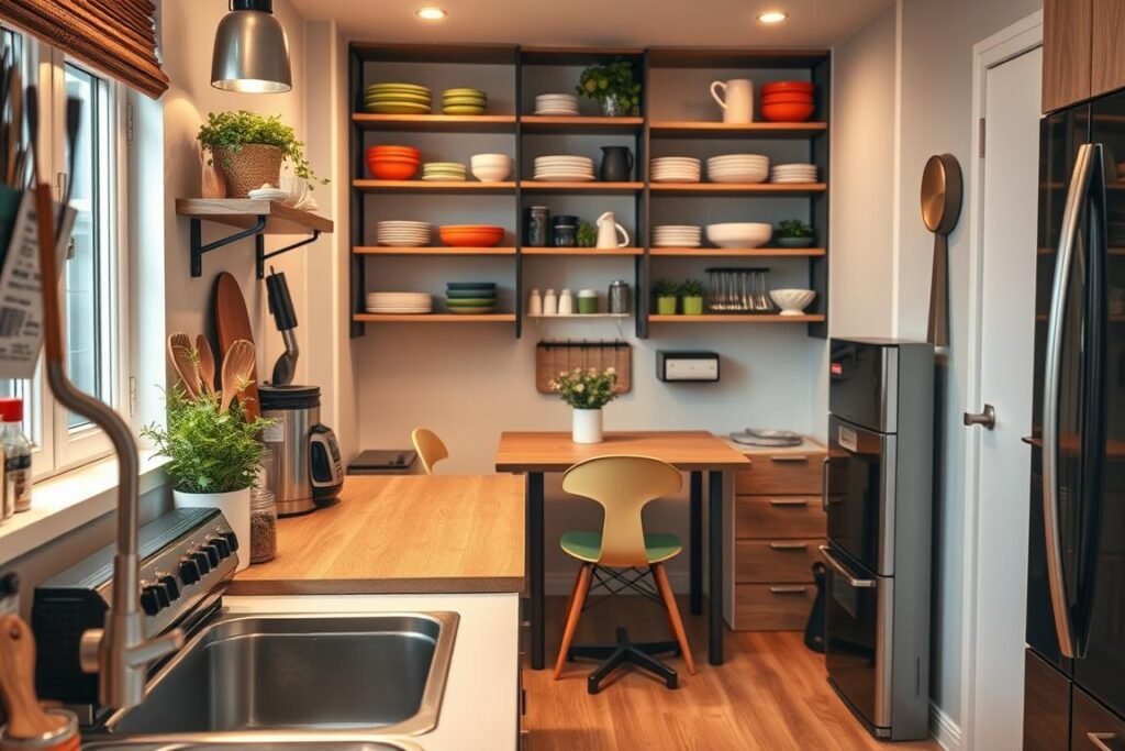 A beautifully organized compact kitchen, showcasing innovative space-saving solutions. In the foreground, focus on a tidy countertop with neatly arranged jars and utensils, complemented by a small indoor herb garden on a windowsill. The middle ground features modular shelving with colorful dishware and kitchen tools artfully displayed. In the background, a cozy nook with a compact dining table flanked by stylish chairs, emphasizing the efficient use of space. Utilize warm, inviting lighting that highlights the textures of wood and stainless steel materials, creating a cheerful atmosphere. The angle is slightly above eye level, providing a comprehensive view of the kitchen layout while maintaining a realistic, lived-in look, reflecting the effectiveness of smart organization in small spaces.