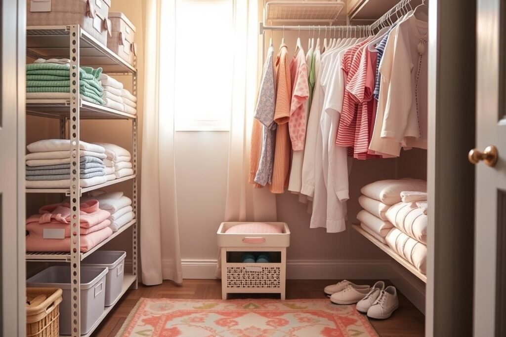 A beautifully organized nursery closet, showcasing an efficient space-saving design. In the foreground, neatly folded baby clothes in various pastel colors are stacked on adjustable shelves, with small labeled bins for accessories. The middle layer features hanging clothes organized by size, with cute cloth hangers, and a small shoe organizer at the bottom. The background displays soft, warm lighting filtering through a window with sheer curtains, casting gentle shadows that enhance the cozy atmosphere. A glimpse of a colorful, patterned rug adds warmth to the floor, making the space inviting and functional. The overall mood is serene and well-organized, reflecting a nurturing environment for a baby.