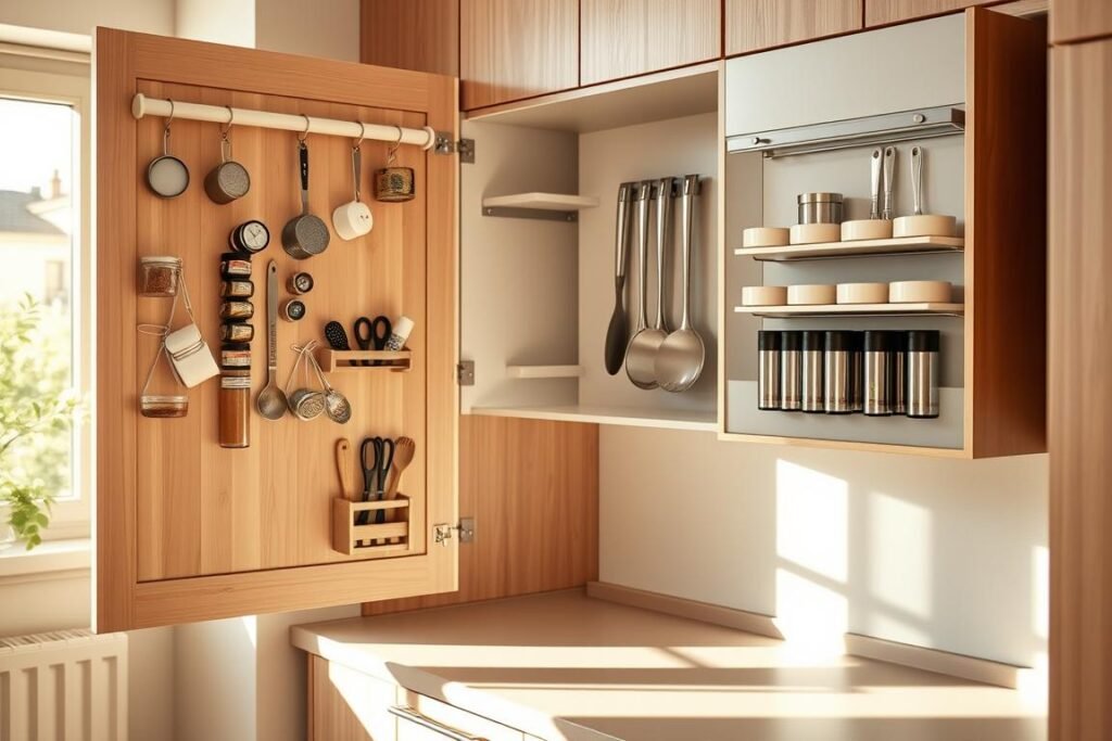 A beautifully organized small apartment kitchen featuring cleverly designed cabinet door storage solutions. In the foreground, a light wooden cabinet door swings open, revealing an array of hanging spice racks, measuring cups, and small kitchen tools neatly arranged. The middle scene showcases additional storage on the cabinet’s inner side, with shallow bins for utensils and a mounted vertical shelf for small jars. The background features a cozy ambiance with warm, natural lighting filtering through a nearby window, casting soft shadows. A sleek countertop in neutral tones complements the cabinetry, enhancing the modern yet inviting atmosphere. The overall mood is practical and efficient, emphasizing smart use of limited space without clutter. A beautifully organized small apartment kitchen featuring cleverly designed cabinet door storage solutions. In the foreground, a light wooden cabinet door swings open, revealing an array of hanging spice racks, measuring cups, and small kitchen tools neatly arranged. The middle scene showcases additional storage on the cabinet’s inner side, with shallow bins for utensils and a mounted vertical shelf for small jars. The background features a cozy ambiance with warm, natural lighting filtering through a nearby window, casting soft shadows. A sleek countertop in neutral tones complements the cabinetry, enhancing the modern yet inviting atmosphere. The overall mood is practical and efficient, emphasizing smart use of limited space without clutter.