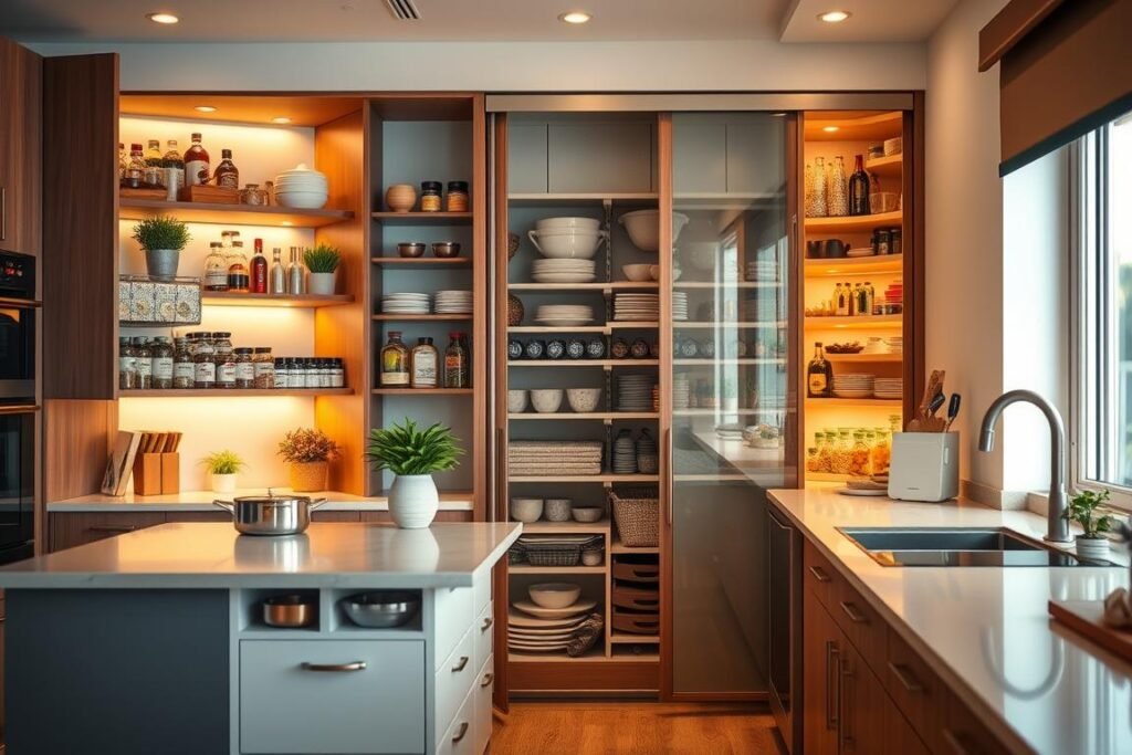 A beautifully organized small kitchen featuring innovative storage solutions. In the foreground, a stylish kitchen island with hidden compartments for pots and pans, and pull-out drawers. In the middle, open shelving showcasing neatly arranged spices and dishware, complemented by decorative plants. The background reveals a cleverly designed pantry with sliding doors, maximizing vertical space with tiered shelves filled with groceries and kitchen essentials. The lighting is warm and inviting, illuminating the space with soft, natural light filtering through a nearby window. The overall atmosphere is modern and functional, highlighting the clever integration of storage to create a spacious feel in a compact kitchen.