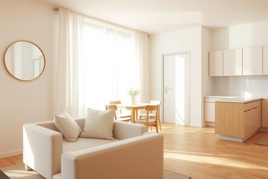 A bright, airy studio apartment showcasing the maximization of natural light. In the foreground, a stylish, light-colored couch positioned near a large window draped with sheer white curtains, allowing sunlight to flood the room. A round mirror on the wall reflects the sunlight, enhancing the brightness while creating a sense of spaciousness. In the middle ground, a compact dining table made of light wood sits surrounded by minimalist chairs, with a small potted plant adding a touch of greenery. The background features an open kitchen with white cabinets and a light backsplash, complementing the bright atmosphere. Soft, warm lighting creates a welcoming mood, while the wide-angle perspective captures the harmonious layout of the space, emphasizing the feeling of openness and tranquility.
