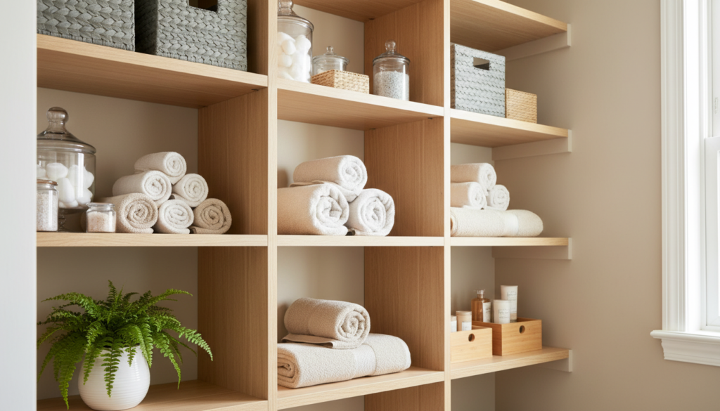 A bright and airy DIY bathroom closet featuring open wooden shelves filled with neatly organized towels, toiletries, and small storage bins. The shelves are constructed from natural wood with a light finish, giving a warm and inviting look. In the foreground, a soft, fresh plant adds a touch of greenery, enhancing the space's aesthetic. The middle area showcases well-arranged items on the shelves, creating a sense of functionality and style. In the background, a subtle wall with soft, neutral colors complements the wooden shelves, creating a calm atmosphere. The lighting is bright yet warm, simulating natural daylight flooding in through a nearby window. The angle captures the closet from a slight upward perspective, promoting an inviting and spacious feel, ideal for illustrating a functional and fresh bathroom makeover idea.