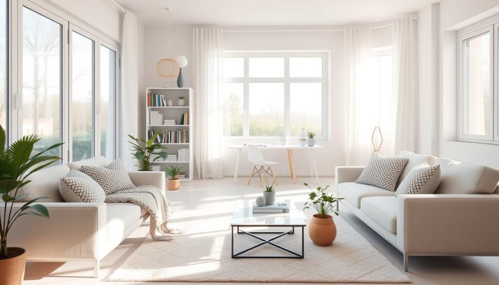 A bright and airy living room, featuring large windows that allow soft, natural light to flood the space, creating a peaceful ambiance. The foreground includes a cozy light-colored sofa adorned with plush throw pillows and a stylish knitted blanket. A modern coffee table sits atop a soft area rug, surrounded by a few potted plants that add a touch of greenery. In the middle, a chic bookshelf is filled with neatly arranged books and decorative items, while a minimalist desk is positioned by the window, bathed in sunlight. The background showcases pale pastel walls, enhancing the open atmosphere, with light linen curtains gently swaying in the breeze. The overall mood is serene and uplifting, embodying a sense of spaciousness and calm, using soft diffused lighting to highlight the decor.