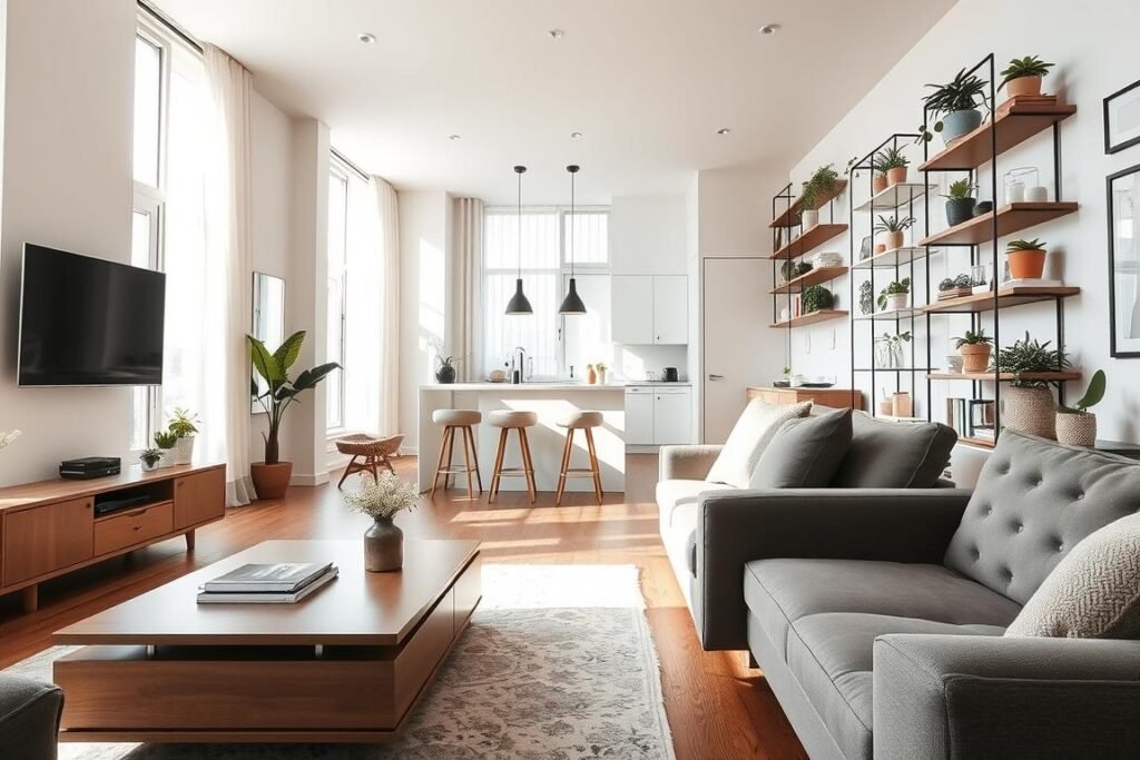 A bright and airy very small apartment interior showcasing space-saving design ideas. In the foreground, a multifunctional coffee table doubles as storage, surrounded by sleek, modern furniture with muted colors. The middle features an open layout with a compact kitchen area, highlighted by a stylish island with bar stools. Light pours in through large windows adorned with sheer curtains, creating a warm and inviting atmosphere. The walls are painted in light shades to enhance the spacious feel, with strategic mirrors reflecting light. The background showcases cleverly organized shelves with plants and books, emphasizing vertical space usage. The overall mood is contemporary and cozy, showcasing innovative design tricks to maximize space in small living areas, captured from a slightly elevated angle to provide a comprehensive view.