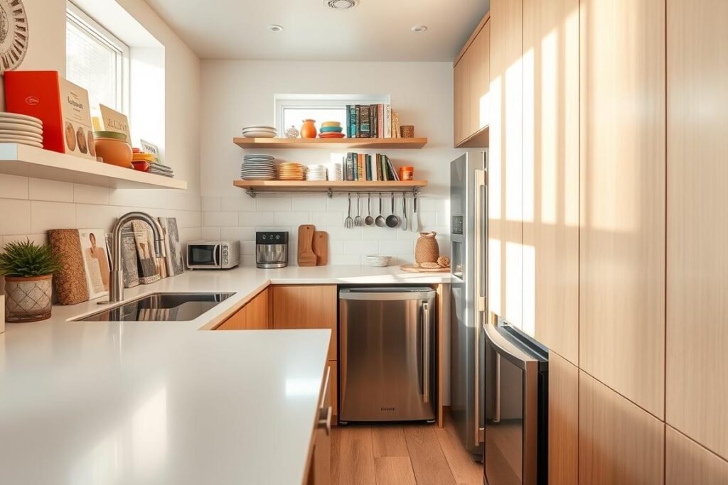 A bright and inviting small kitchen featuring innovative storage solutions. In the foreground, a sleek, extendable countertop reveals hidden shelves beneath for kitchen gadgets and spices. In the middle, open shelving displays colorful dishes and cookbooks, providing both functionality and decor. A magnetic strip on the wall showcases utensils, enhancing access while saving space. In the background, a compact refrigerator is integrated with cabinetry, seamlessly blending in. Soft natural light filters through a small window, casting gentle shadows and creating a warm atmosphere. The overall vibe is modern and practical, inspiring creativity in small kitchen design while maximizing every inch of available space.