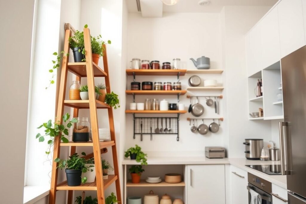 A bright and modern kitchen featuring vertical storage solutions, showcasing a variety of creative options for maximizing space. In the foreground, a sleek wooden ladder shelf holds plants and kitchen utensils, adding a touch of greenery. The middle ground includes wall-mounted shelves filled with dishes and jars, arranged neatly against a fresh white wall. In the background, tall cabinets with open shelving integrate smart storage, perhaps a magnetic knife strip and hanging pots. Soft natural light filters through a window, creating an inviting atmosphere. The angle captures the full height of the walls, emphasizing the upward storage approach. Aim for a realistic, lived-in look, reflecting a small but stylish kitchen ideal for urban living.
